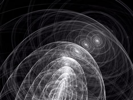 Abstract computer-generated image black and white background with waves, curls and circles