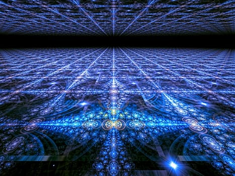 Abstract computer-generated blue image lace pattern with perspective and horizon