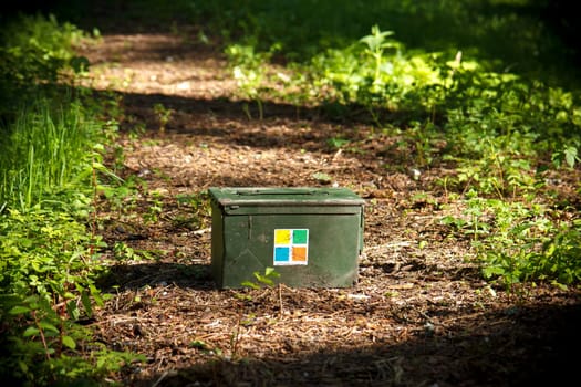 A green Geocaching ammo container in the forest