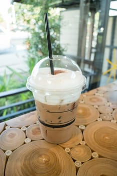 Coffee mocha into a plastic glass, stock photo