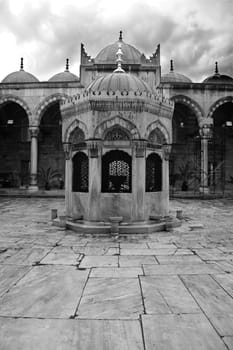 Courtyard of Yeni Cami, The New Mosque in Istanbul. Black and white shot