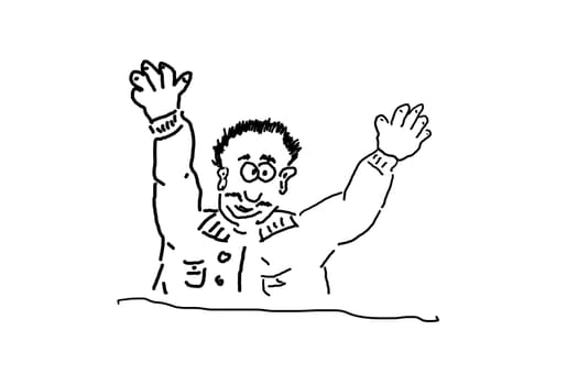 Hand drawing of an advertising figure,comic character or line drawing. Man against a white background.