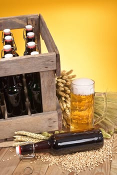 Beer box and beer glass with wheat,barley,hops and malt