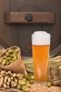 Beer glass and beer barrel with wheat,barley,hops,malt