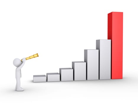 Businessman is looking through a telescope at a rising graphic chart