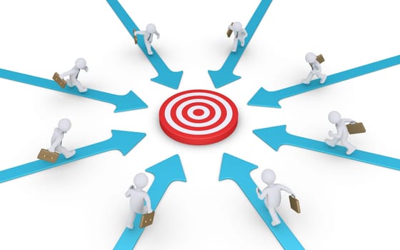 Businessmen are running on arrows pointing to a target at the center