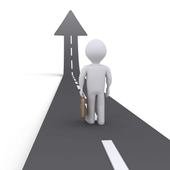 Businessman is standing on a street that is an arrow going upwards