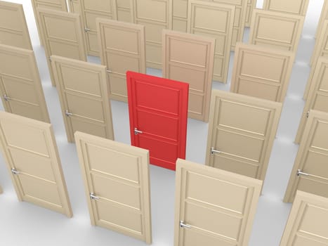 Many closed doors but one is of different color