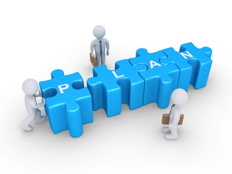 Businessman is pushing the last puzzle piece to form the word PLAN and two others are watching him