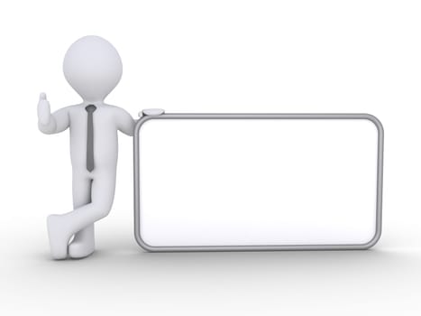 Happy businessman is standing next to a blank sign
