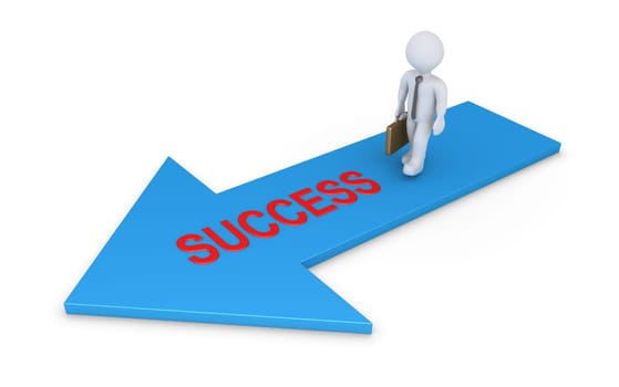 Businessman is walking on an arrow with a success word
