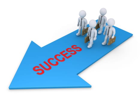 Businessmen are walking on a big arrow with a success word on it