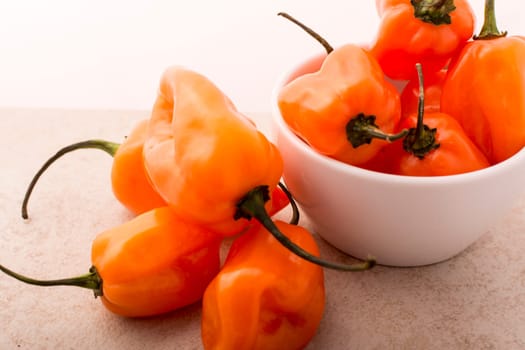 Approach and details a set of chiles habaneros. Typical of mérida, yucatán. is a pepper very spicy and powerful taste.