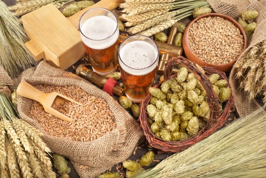 two beer glasses,hammer,tap with wheat,barley,hops and malt