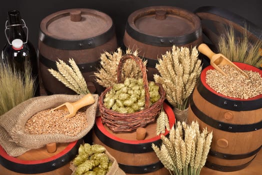 Beer barrels,beer bottle,hammer and tap with wheat,barley,hops and malt