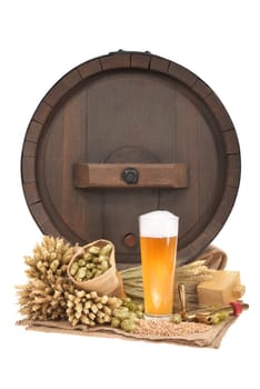 Beer glass and beer barrel with wheat,barley,hops,malt insulated On White