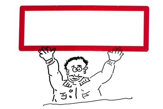 hand drawing of an advertising figure,cartoon character or line drawing. cartoon character is holding a white sign with red frame over his head.