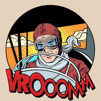 Retro Aviator man on the plane pop art style. Traveler pioneer hero
