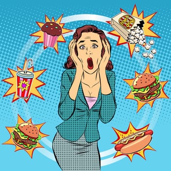 Fast food woman unhealthy diet panic pop art retro style. The health of a person. Office lunch. Time and food