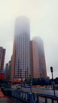 Morning fog on the modern city street in US