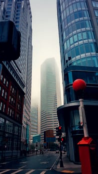 Foggy morning on a street through skyscrapers
