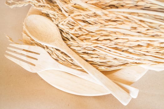 Wooden dish set and paddy rice, stock photo