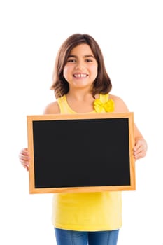 Young girl holding a chalkboard, isolated on white