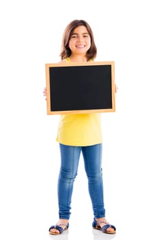 Young girl holding a chalkboard, isolated on white