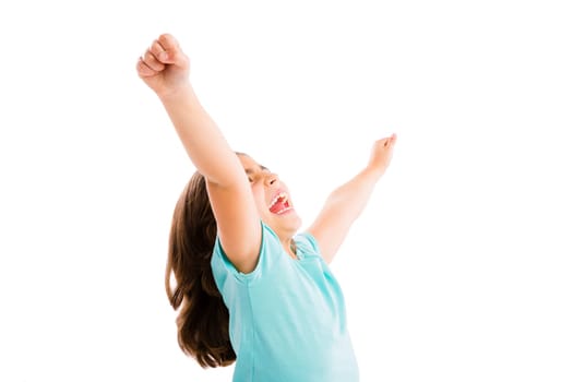 Studio portrait of a happy girl with arms raised on air
