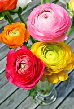 Ranunkel blumenstrauß in front of a wooden background from a bird's eye view
