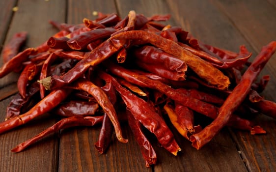 Pile of strong, red fry chilies. Closeup