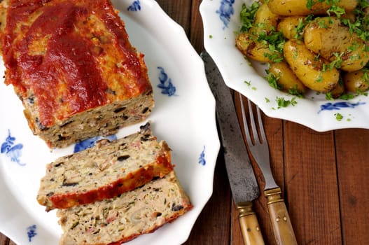 Turkey meatloaf with roasted potatoes. Dinner is served