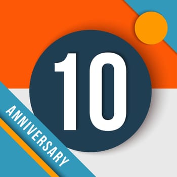10 ten year anniversary modern concept with number, text label and abstract shapes in material design style. EPS10 vector.