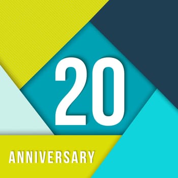 20 twenty year anniversary colorful template with number, text label and geometry shapes in flat material design style. Ideal for poster or card. EPS10 vector.