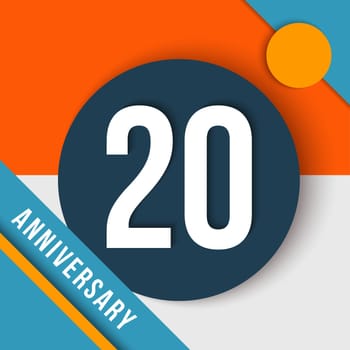 20 twenty year anniversary modern concept with number, text label and abstract shapes in material design style. EPS10 vector.