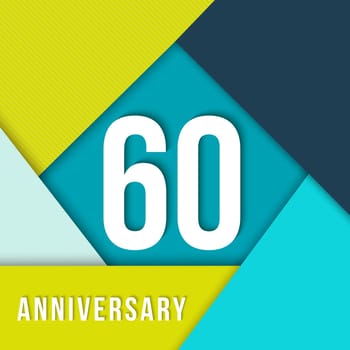 60 sixty year anniversary colorful template with number, text label and geometry shapes in flat material design style. Ideal for poster or card. EPS10 vector.