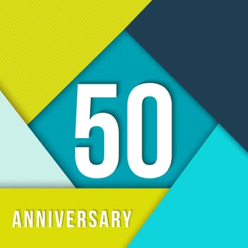 50 fifty year anniversary colorful template with number, text label and geometry shapes in flat material design style. Ideal for poster or card. EPS10 vector.