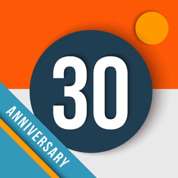 30 thirty year anniversary modern concept with number, text label and abstract shapes in material design style. EPS10 vector.