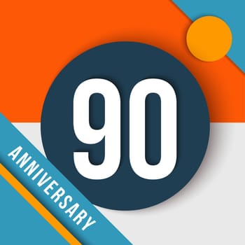 90 ninety year anniversary modern concept with number, text label and abstract shapes in material design style. EPS10 vector.