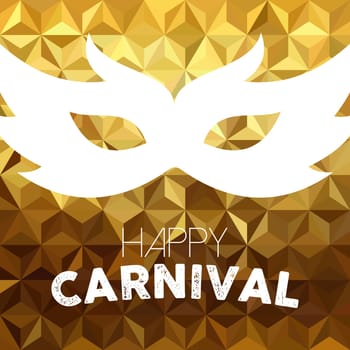 Happy carnival design, vintage costume mask with text on gold luxury background. EPS10 vector.