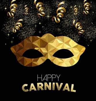 Happy carnival design, gold mask with low poly shapes, party streamers and confetti background. EPS10 vector.