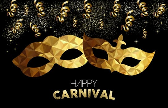 Golden carnival design. Low poly masks with text, gold party streamers and confetti. EPS10 vector.