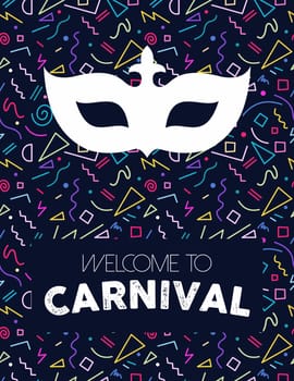 Colorful retro line art background with carnival mask silhouette and text label. EPS10 vector.