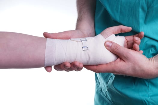 Sprained hand, Doctor helping with the Bandage