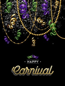 Happy carnival design, party decoration in gold, purple and green colors with text label. EPS10 vector.