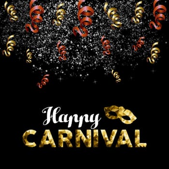 Gold carnival low poly text with mask on confetti and party streamer background. EPS10 vector.