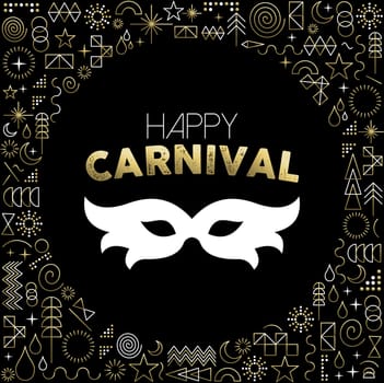 Gold line art background with hipster geometry icons, happy carnival text label and mask silhouette. EPS10 vector.