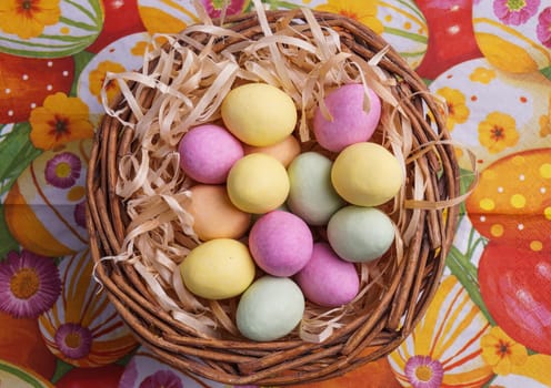 Easter Egg in Basket. Colourful Holliday eggs