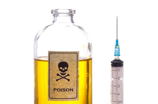 Poison bottle, vintage sign and isolated on white