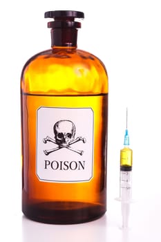 Poison bottle, vintage sign and isolated on white